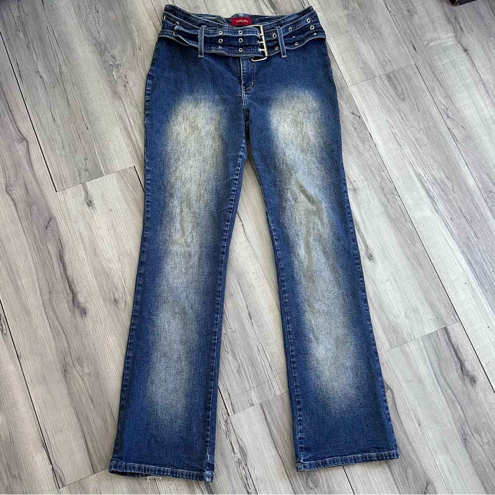 Retro LIQUID X Jeans Size 4/6 Flare Leg Built in Triple Prong 3" Wide Denim Belt - Picture 2 of 6
